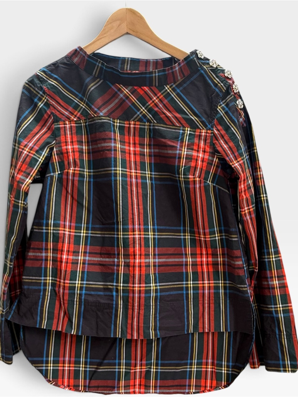 J.Crew Tartan Plaid Top Crystal Button Shoulder Long Sleeve